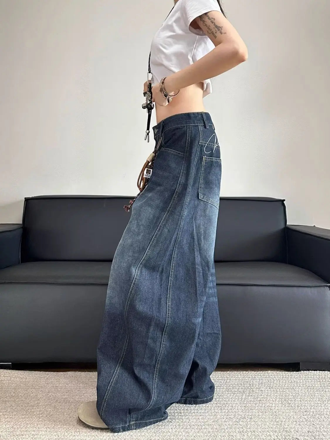 Women's Embroidered Patchwork Distressed Loose Straight Denim Jeans