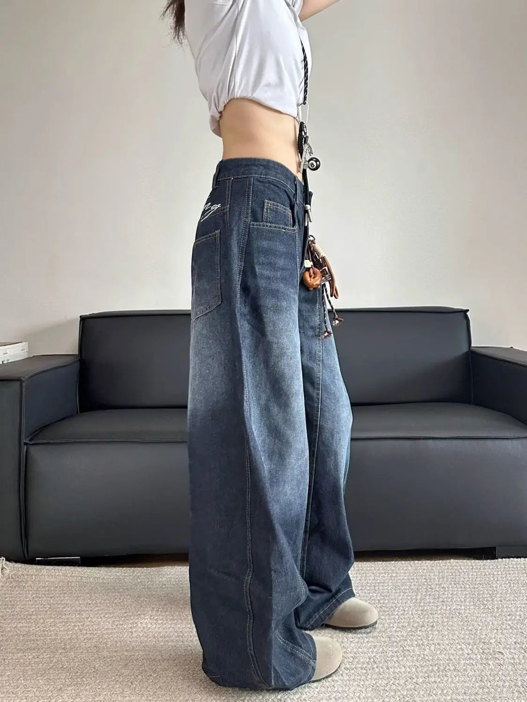Women's Embroidered Patchwork Distressed Loose Straight Denim Jeans