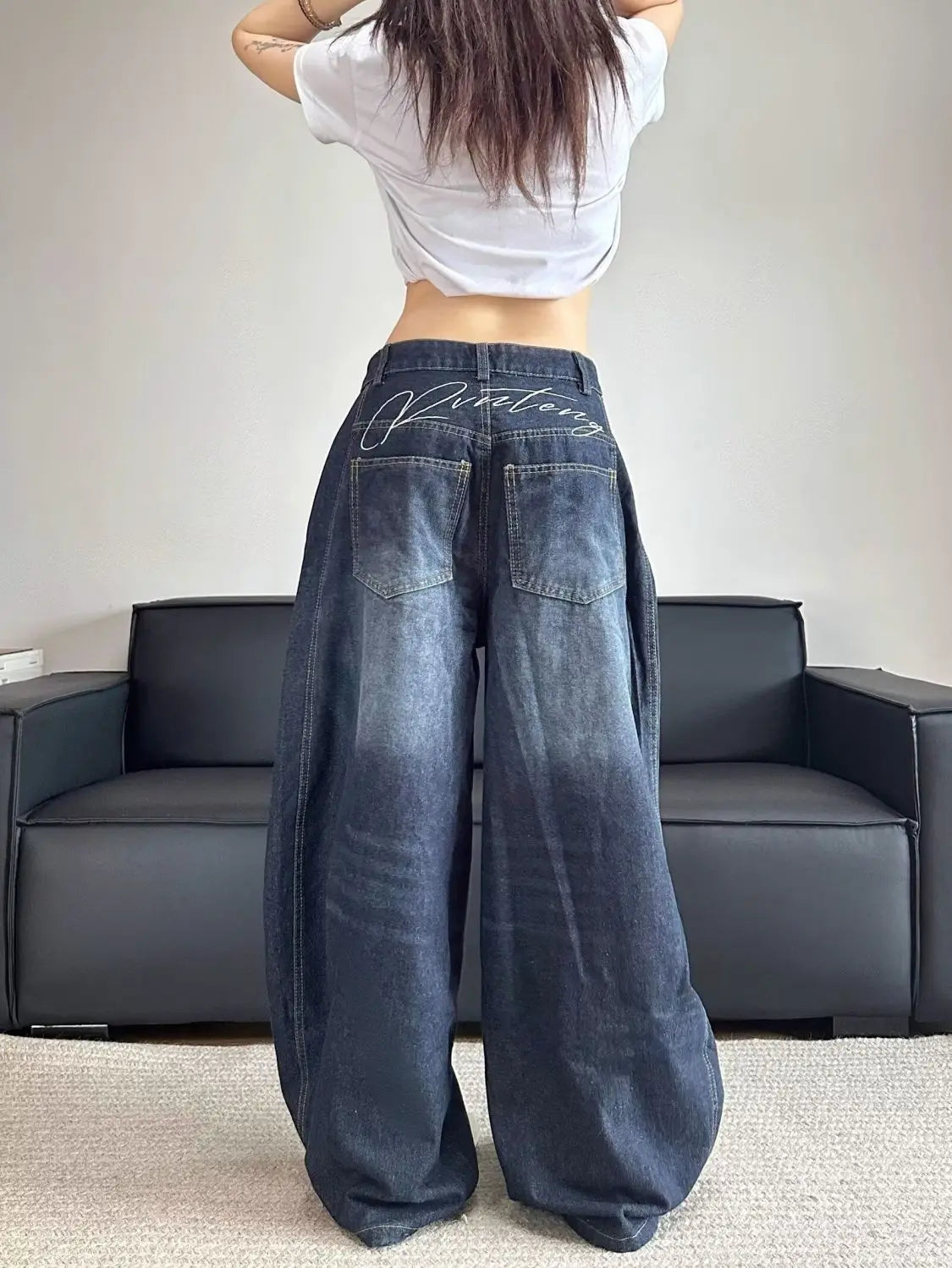 Women's Embroidered Patchwork Distressed Loose Straight Denim Jeans